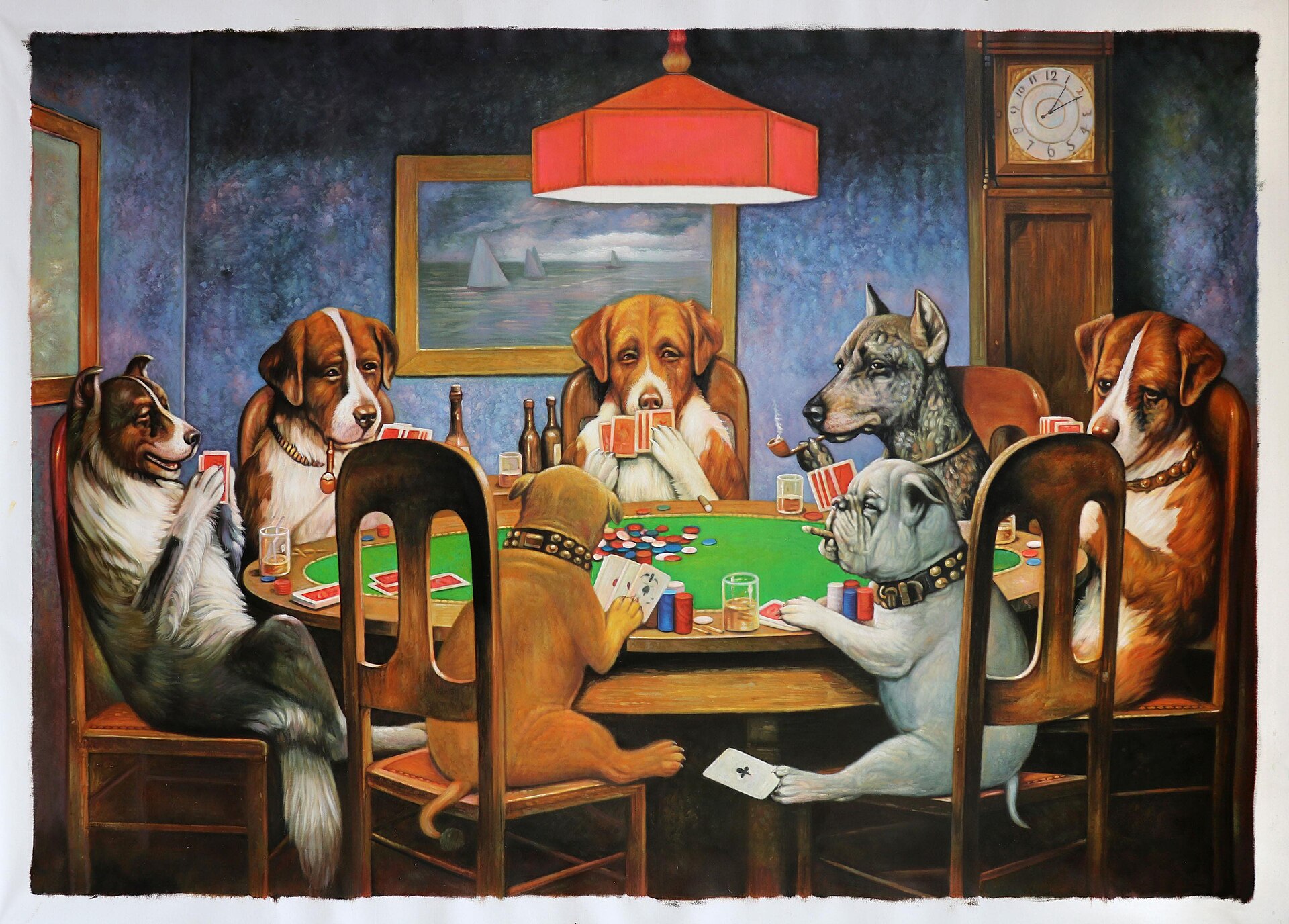 A Friend in Need, by Cassius Marcellus Coolidge, featuring a group of dogs sitting around a table playing poker.